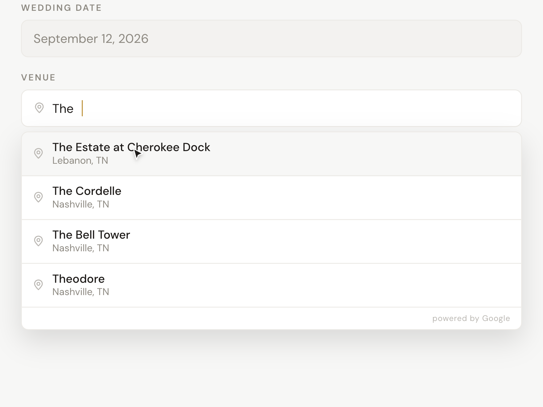 A client questionnaire with a structured address picker and time selector instead of open text boxes.
